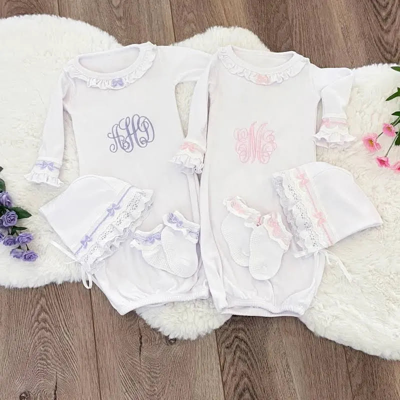 Gracie Claire Heirloom Embroidered Baby Outfit — Personalized Newborn Gown & Sock Set